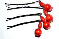 Barrettes métal et perles en bois orange - Collection Bric à Brac